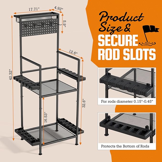Fishing Rod Holders for Garage with Pegboard & Metal Mesh Basket, Fishing Rod Storage Rack, Vertical Fishing Pole Holder for Up to 12 Poles, Tackle Gear Organizer
