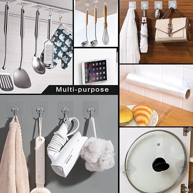 ZESLMG Adhesive Wall Hooks No Damage for Hanging, 36 Pack Large Self Sticky Hooks Heavy Duty 44lb Removable, Clear Hook for Shower Towel Coat Key Picture Wreath Outdoor Bathroom Kitchen, Waterproof