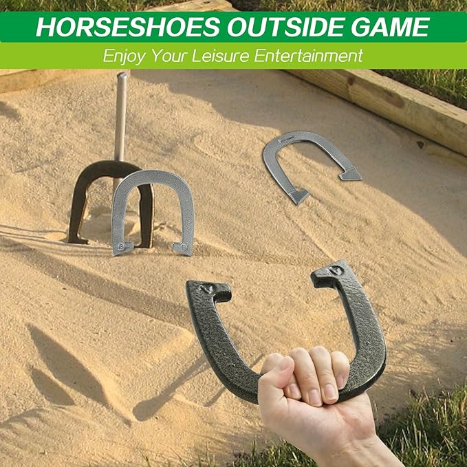 Horseshoes Outside Game - Steel Horseshoe Set - Yard Game Kit with 4 Heavy Duty Horseshoes, 2 Solid 24" Stakes & Carrying Bag - Classic Lawn Games for Adults, Backyard, Camping