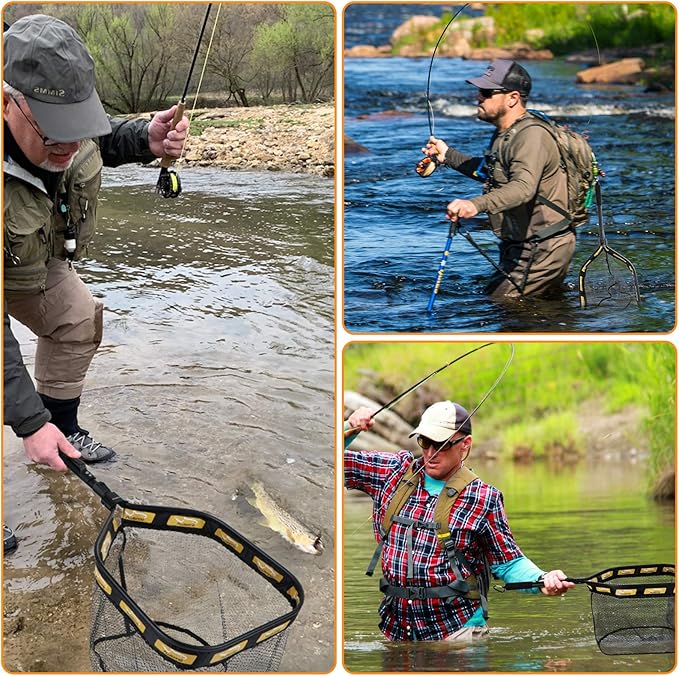PLUSINNO Floating Fishing Net for Steelhead, Salmon, Fly, Kayak, Catfish, Bass, Trout Fishing, Rubber Coated Foldable Landing Net with Fixed or Telescoping Pole Handle, Fishing Gear and Gifts for Men