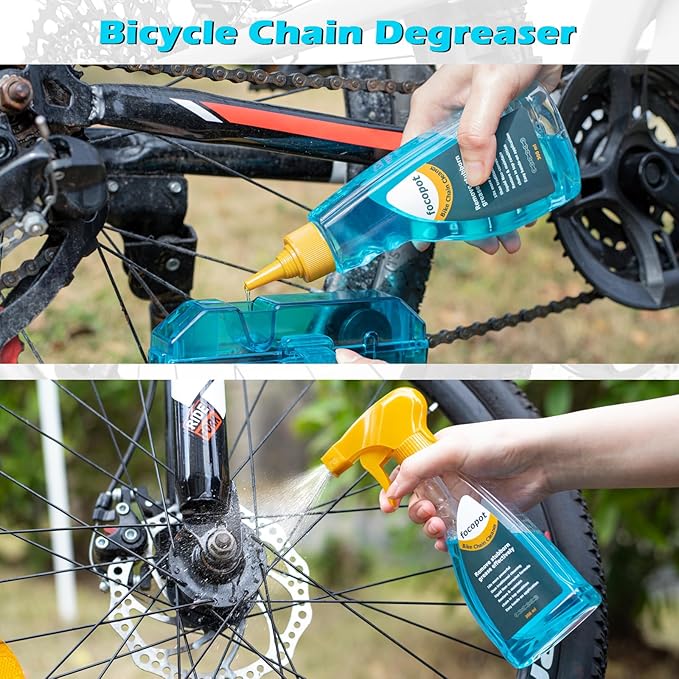 focopot Bike Cleaning Kit with Bicycle Cleaner(25 oz),Degreaser(10 oz),Oil Lubricant(2 oz),Cleaning Brush Tools,Bike Chain Cleaner Kit to Clean and Lube Mountain/Road/MT/EBike