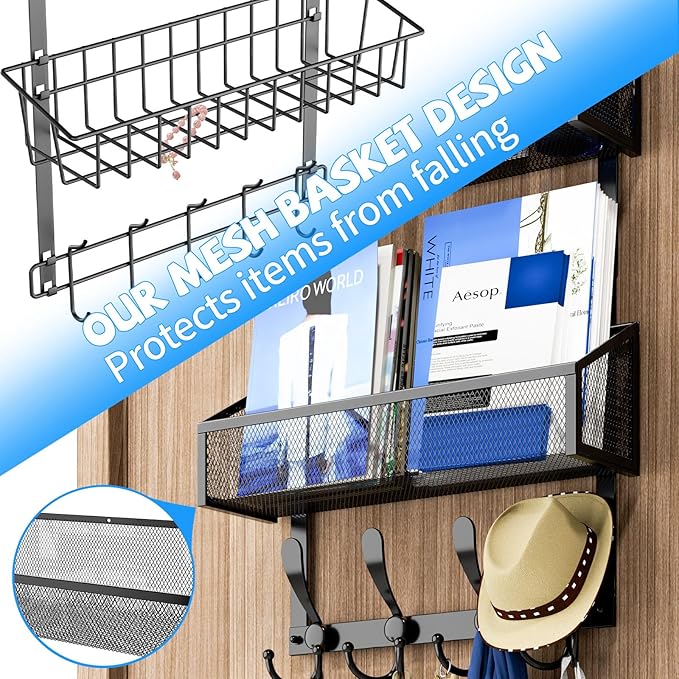Over The Door Hooks Organizer, Coat Rack Over The Door Storage Hanger Towel Rack, Back of Door Storage Organizer for Bathroom,Bedroom,Kitchen,Office (Black, 2-Tier)
