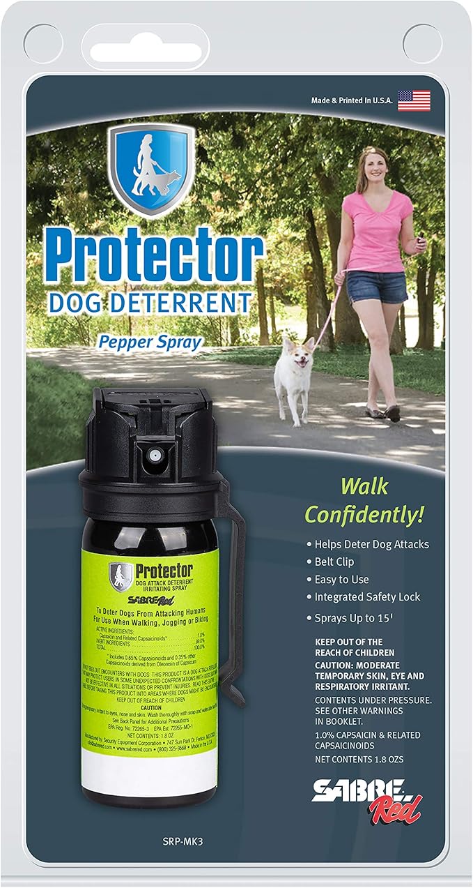 SABRE RED SABRE Protector Dog Pepper Spray & Belt Clip, Fast Flip Top Safety, 7 Bursts, 15-Foot (4.6-Meter) Range, Humane Dog Attack Deterrent, Max Strength Allowed By EPA for Self Defense, 1.8 fl oz