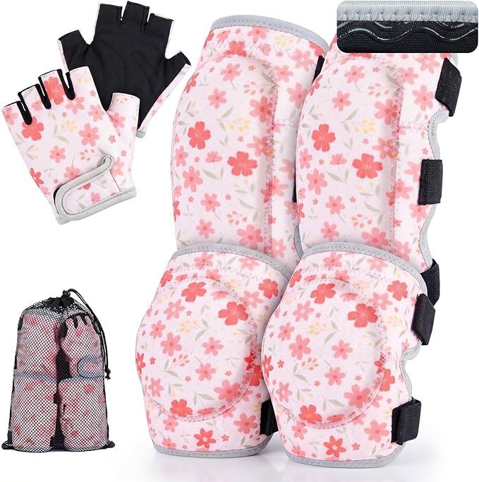 Soft Toddler Knee Pads and Elbow Pads Set with Bike Gloves, Non-Slip Toddler Knee Pads for Boys Girls 2-4 Years, Breathable Kids Protective Gear for Balance Bike, Scooter, Bicycle