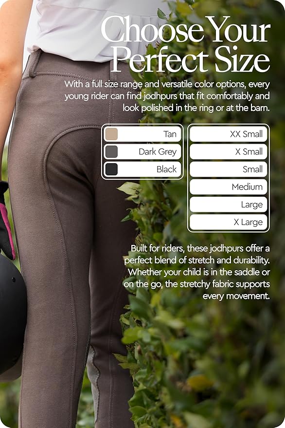 HORZE Nora Girls Riding Pants with Leather Knee Patch | Kids Equestrian Girls Jodhpurs Breeches | Size Chart in Images