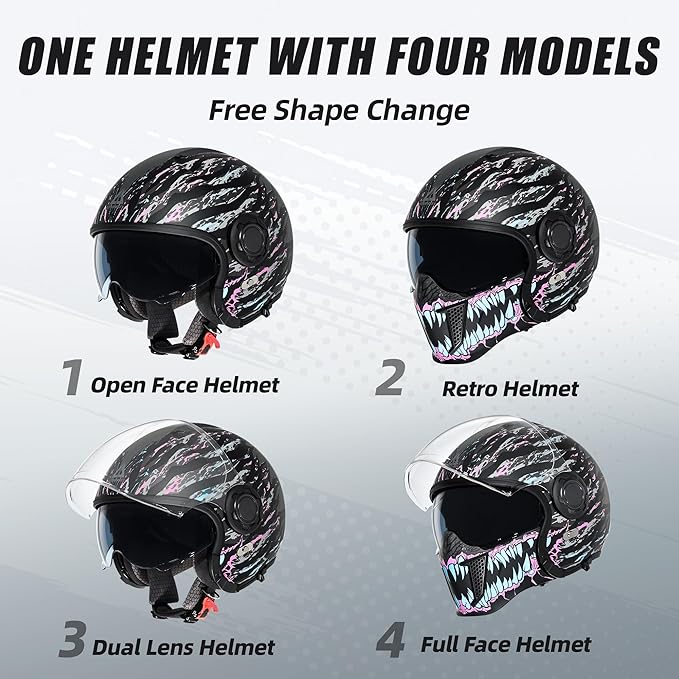 TRIANGLE Convertible Full Face Motorcycle Helmet DOT Approved for Men Women, Multi-Configuration 3/4 Open Face Street Bike Helmet with Internal Tinted Sunshield, Includes Storage Bag