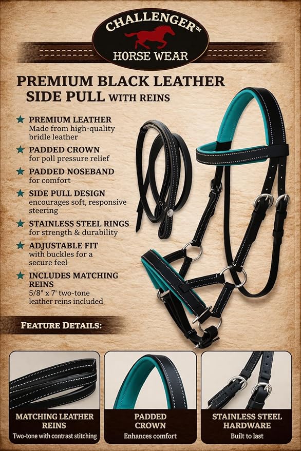 CHALLENGER Horse Western Leather Teal Padded Bitless Sidepull Bridle Reins 77RS33TL-F