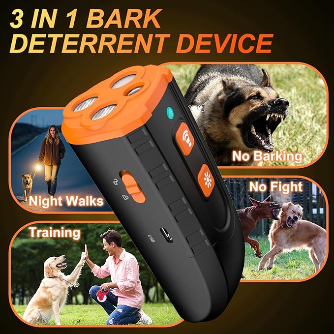 Dog Bark Deterrent Device, Anti Barking Device Bark Button for Dogs with 3X Ultrasonic Silencer, Stopping Own or Neighbor's Dog Barking, Dog Behavior Training, Safe, Rechargeable, Indoor Outdoor