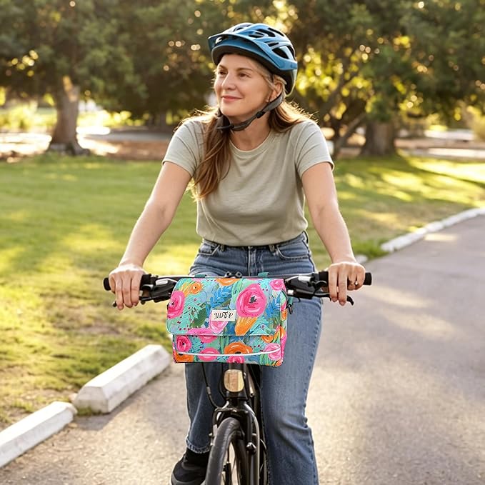 Bike Handlebar Bag, 2.9L Waterproof Bicycle Front Basket Bag with Reflective Strip, Convertible Shoulder Bag for Women, Floral Bike Pouch for Cycling Commuting Outdoor (Green Floral)