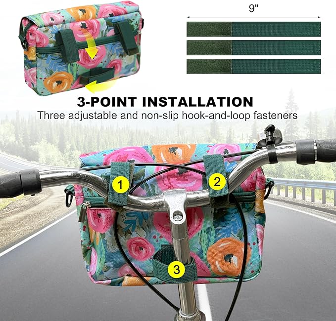 Bike Handlebar Bag, 2.9L Waterproof Bicycle Front Basket Bag with Reflective Strip, Convertible Shoulder Bag for Women, Floral Bike Pouch for Cycling Commuting Outdoor (Green Floral)