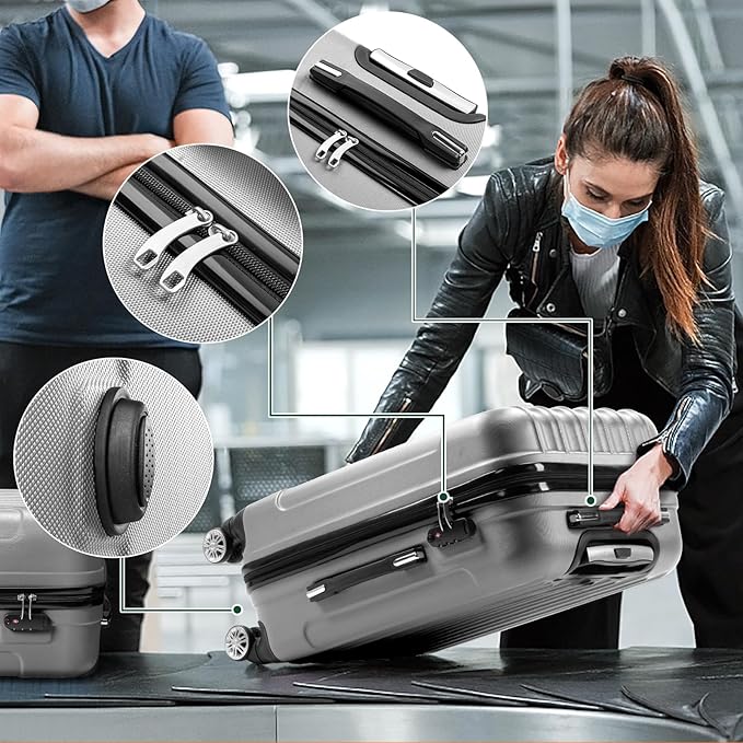 Karl home Luggage Sets 3 Piece, Hardside Carry on Suitcase Sets with Spinner Wheels & TSA lock, Portable Lightweight ABS Luggages for Travel, Business - Silver, 20/24/28in