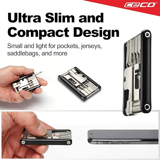 CECO USA 17 Function Bike Tool with Chain Breaker, Bicycle Multi Tool, Ultra Slim, Compact Pocket Sized, Lightweight, High Strength CR-V 6150 Tool Steel, Easy To Carry, Case Pouch Included, Quality