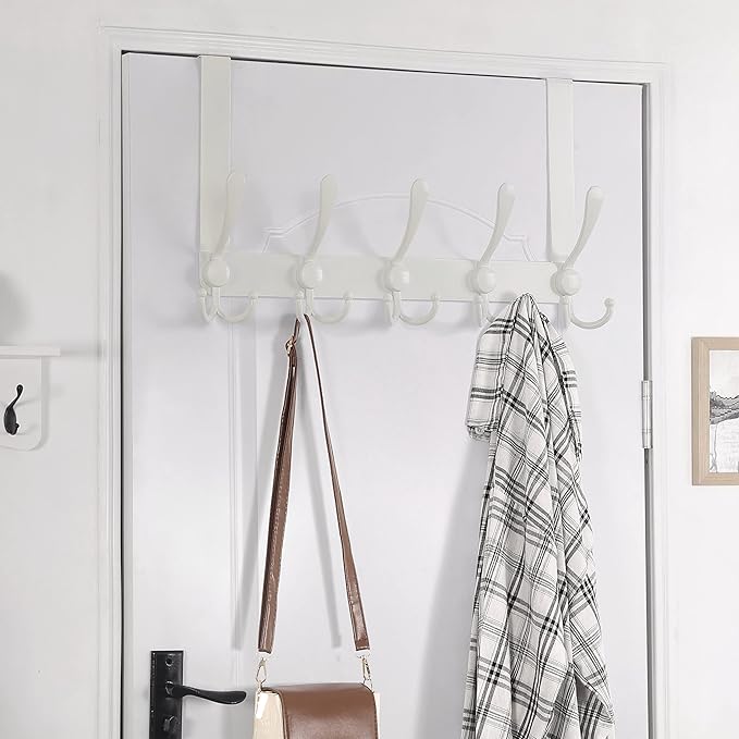Dseap Over The Door Hook Hanger - Fits 1 3/8" to 1 3/4" Standard Doors | 5 Tri Hooks Heavy Duty Towel/Coat Rack | Door Organizer for Clothes, Jackets, Hats, Towels, White