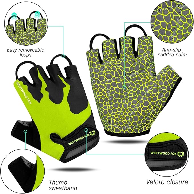 WESTWOOD FOX Cycling Gloves Half Finger Unisex Padded Grips Palm Bicycle Summer MTB Bike Gloves for Men Women Non-Slip Fingerless Short Mountain Bike Sports Hiking Climbing Gym
