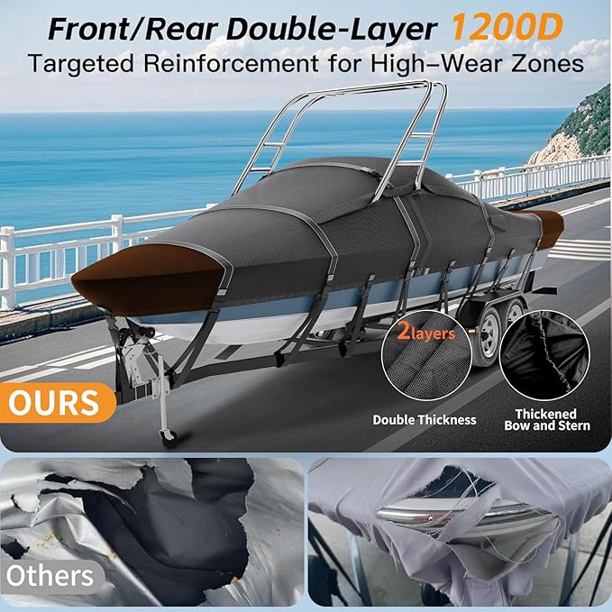 Tuszom 1200D 100% Waterproof Ski & Wakeboard Tower Boat Cover Tear-Proof Trailerable Full Size Boat Cover for Boats with Ski Or Wakeboard Towers (Black, 20'-22'L, Beam Width to 106" W)