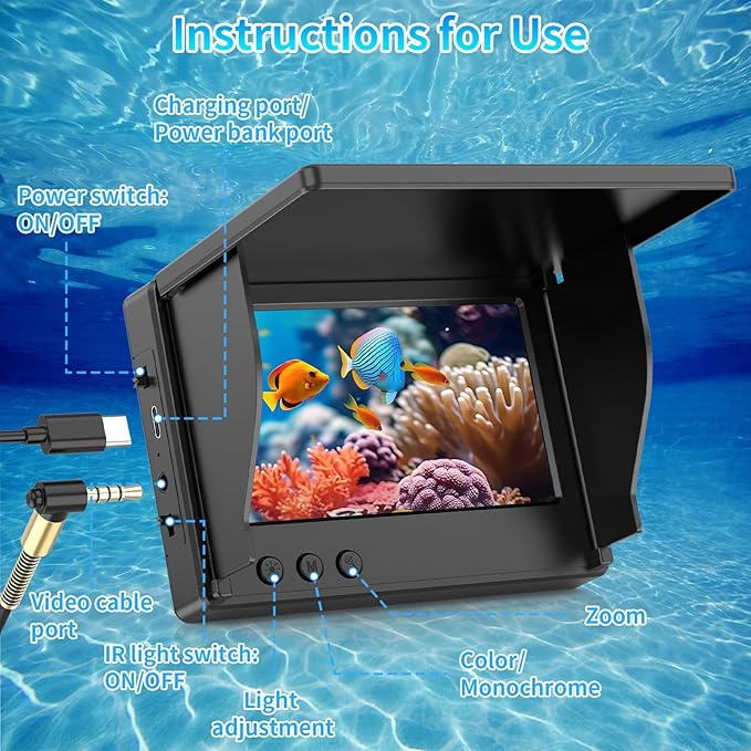 Underwater Fishing Camera TMACTIME 1080P HD, Portable Fish Finder with 4.3" LCD Display & Infrared Night Vision Light, IP68 Waterproof & 5000mAh, Fishing Camera for Ice Lake Boat Kayak Fishing - 15M