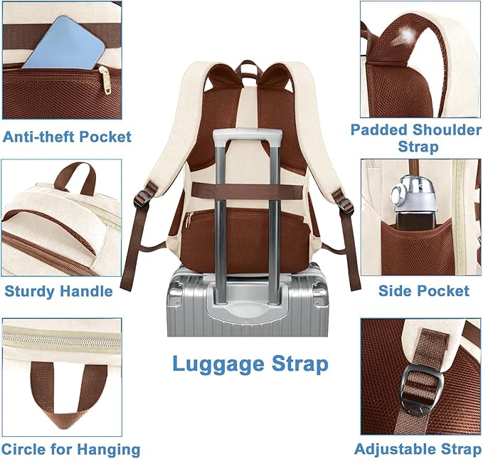 MATEIN Backpack Lunch Bag for Women, Sturdy Teacher Nurse Insulated Cooler Backpack for Work College Commute Travel, Stylish Cute 17 Inch Laptop School Bag with Lunch Compartment, Beige-Brown