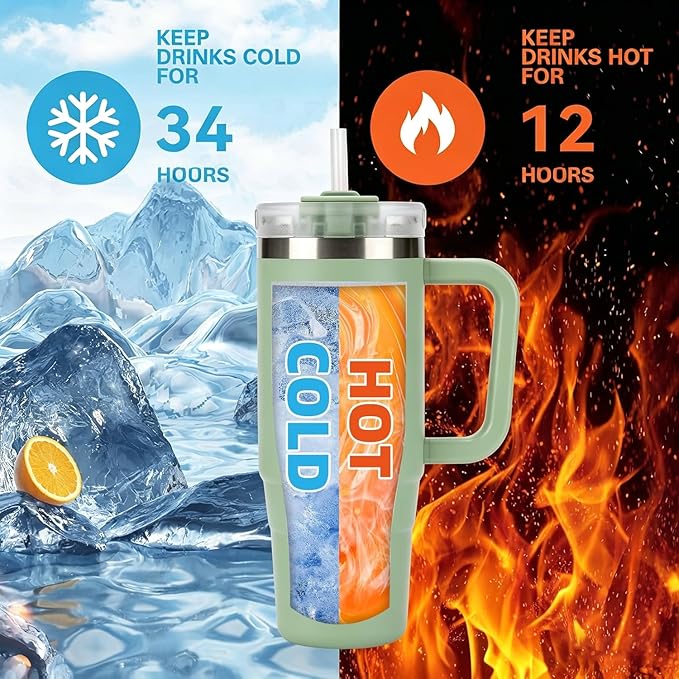 TYESO Vacuum Insulated Tumbler Water Bottle Cold Insulation Stainless Steel Bottle Straw Handle Mug Double Wall Wide Mouth (LIGHT GREEN, 40 oz)