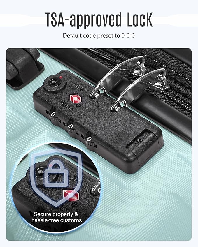 LIGHT FLIGHT スーツケースセット 3点セット 耐久性 スピナーホイール付き 3ピース ハードサイド 軽量スーツケース TSAロック付き 大型チェック旅行用スーツケース 20/24/28インチ ミントグリーン