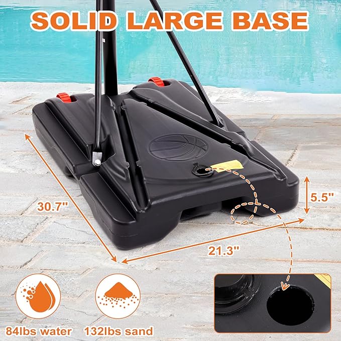 Portable Basketball Hoop Outdoor, Adjustable Basketball Hoops Goal System Shatterproof Backboard, Shock Absorbent Rim, Fillable Base for Swimming Pool/Backyard/Driveway
