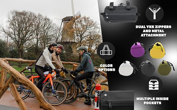 Lumiere & Co. Bike Handlebar Bag - Durable, Multiple-Size Options and Multi-Color Options -Dual Elastic Straps, Clips & Hook & Loop Attachments (Black, Large)