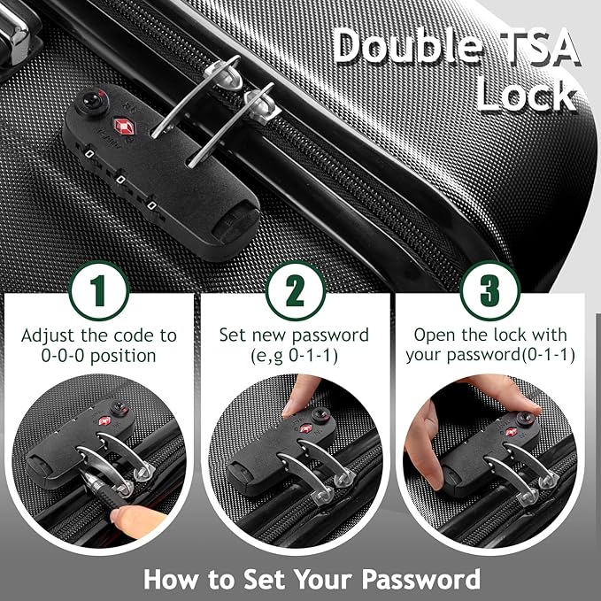 Karl home Luggage Set of 3 Hardside Carry on Suitcase Sets with Spinner Wheels & TSA lock, Portable Lightweight ABS Luggages for Travel, Business - Black(20/24/28)