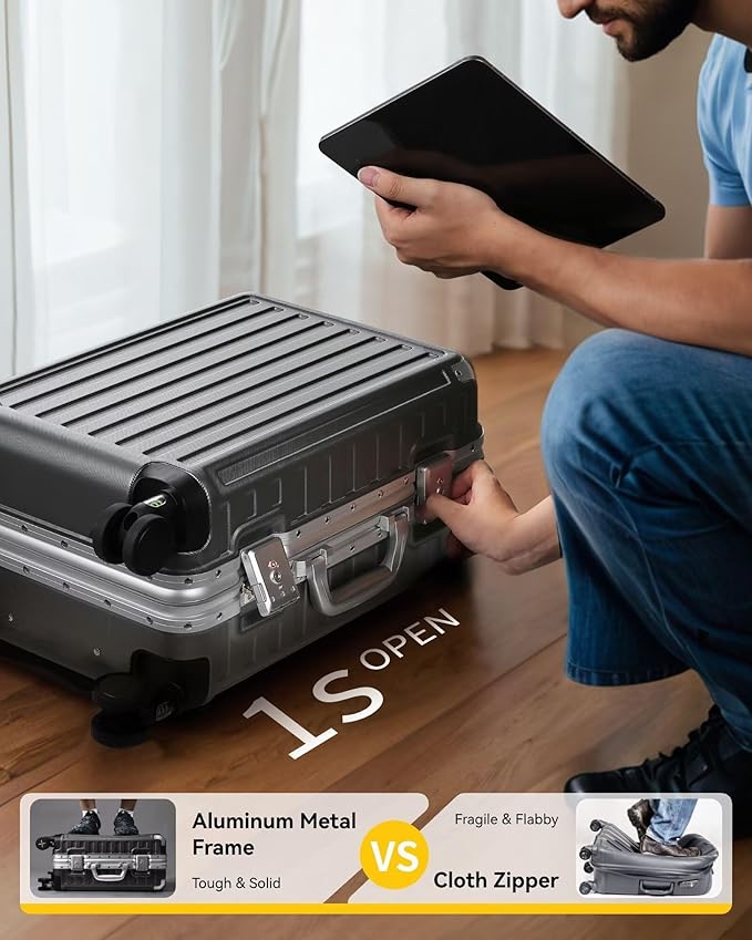 Carry On Luggage with Spinner Wheels, 8010S Aluminum Frame Zipperless Polycarbonate Hard Shell Suitcase (ZX-Core, Charcoal Metallic, 20 Inch)