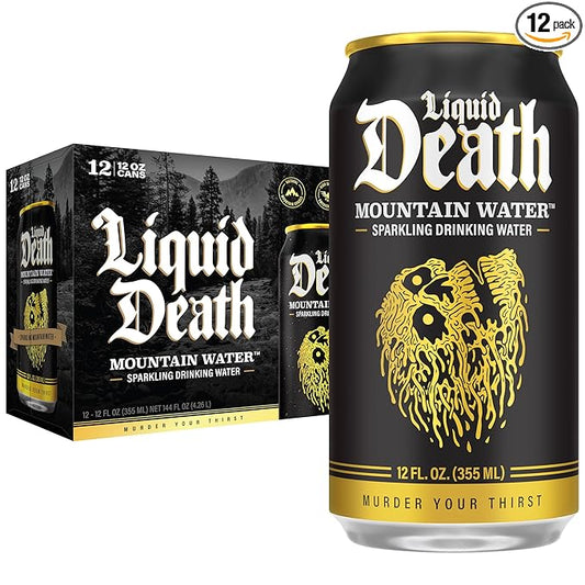 Liquid Death Sparkling Mountain Water, Real Mountain Source, Ice-Cold Cans, Infinitely Recyclable, 12 Fl Oz (Pack of 12)