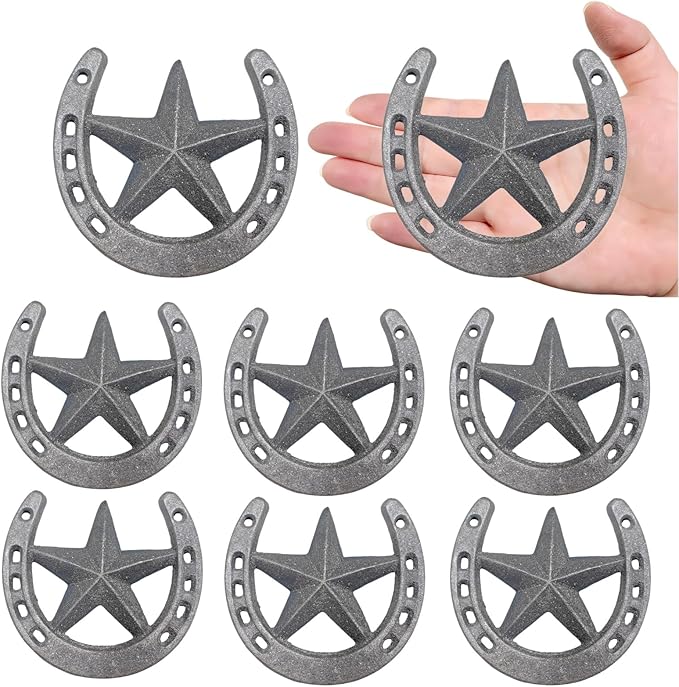 8 Pcs Horse Shoes with Star for Decorations, Durable Cast Iron Lucky Horseshoes Wall Décor for Indoor, Outdoor, Wedding, Birthday, Western Cowboy Party Favors Decor