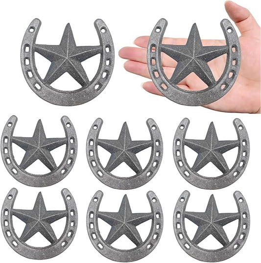 8 Pcs Horse Shoes with Star for Decorations, Durable Cast Iron Lucky Horseshoes Wall Décor for Indoor, Outdoor, Wedding, Birthday, Western Cowboy Party Favors Decor