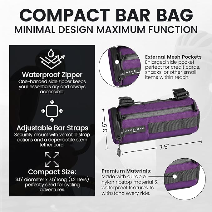 ALMSTHRE Compact Bar Bag – Sterling Violet | Hard-Shell Bike Handlebar Bag with Waterproof Zipper & Adjustable Straps | Lightweight Bicycle Handlebar Bag, Compatible with Road, Gravel & MTB Bikes