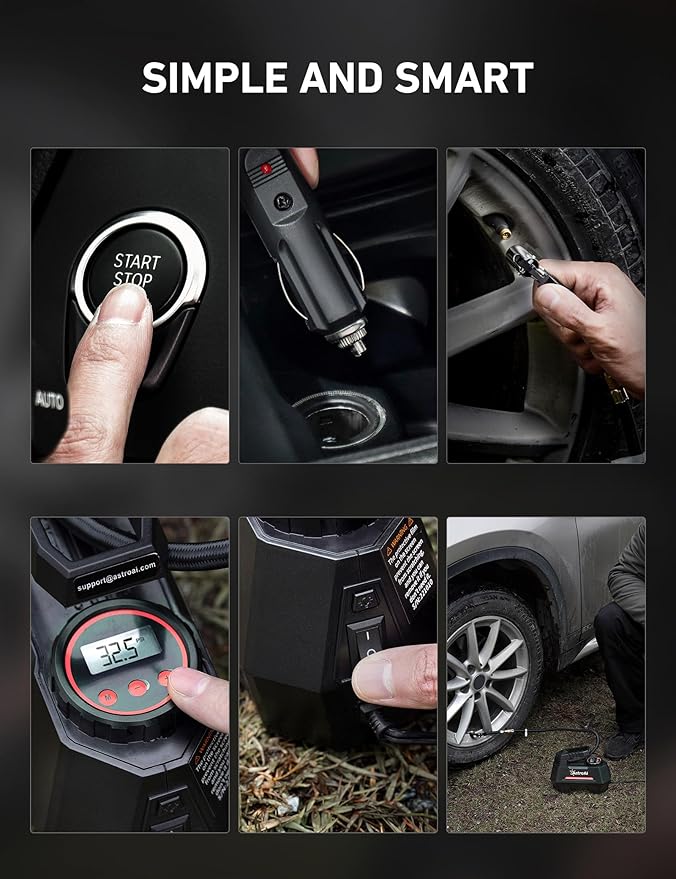 AstroAI AIRUN H Tire Inflator Portable Air Compressor Air Pump for Car Tires - Car Accessories, 9.8Ft Cord-12V DC-Powered Auto Pump with Digital Pressure Gauge, LED Light for Bicycle, Balloons, Red