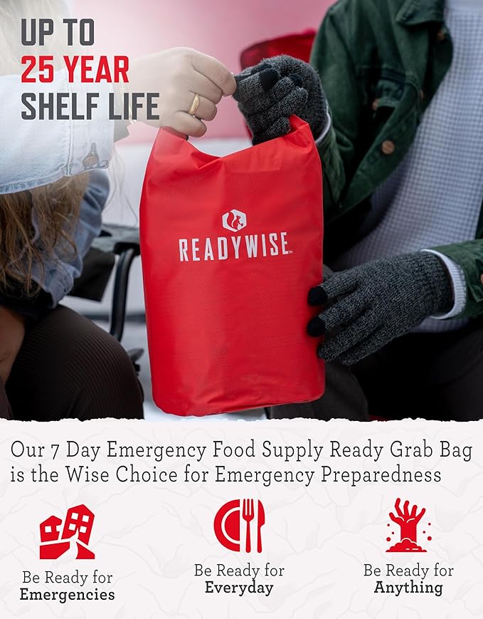 ReadyWise 7 Day Emergency Food Supply – 60 Servings Grab Bag, Camping Essentials, Freeze Dried Survival Food Kit & Dehydrated Meals, Prepper Bug Out Bag & Hurricane Supplies, up to 25 Year Shelf Life