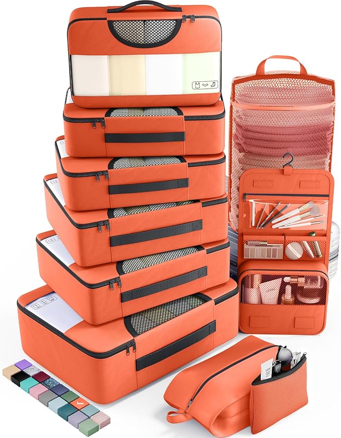 Veken パッキングキューブ10点セット 旅行必需品 スーツケース整理バッグ 4サイズ 機内持ち込み手荷物アクセサリー 大型ランドリー＆吊り下げ式トイレタリーバッグ付き 飛行機、ロードトリップ、キャンプの必需品