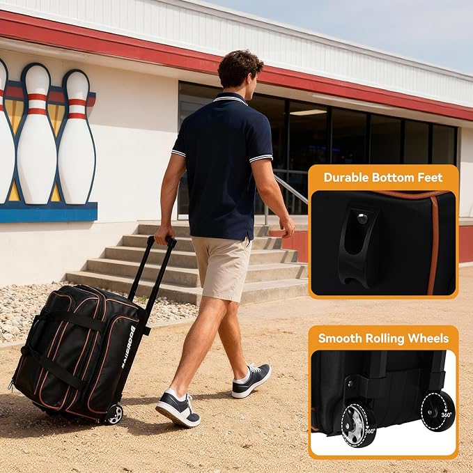 2 Ball Bowling Bag with Wheel,900D Oxford Waterproof PU,Dual Roller Bowling Bag with Sturdy Frame,Large Shoe Compartment Fits Up to Men’s 16,Rolling Bowling Tote, Handle Extends to 39.5"