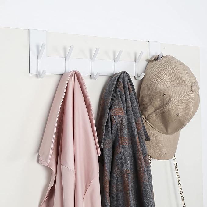SKOLOO Over The Door Hook - for Doors up to 1-3/4'' Thickness, White, No Assembly Required, Stainless Steel, Door Coat Rack for Entryway & Bathroom Hanging Coats, Backpack, Robes, Towels