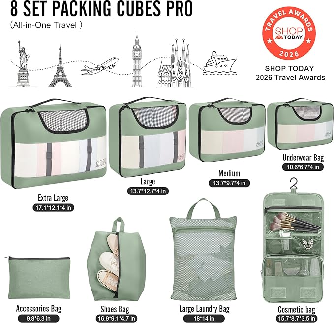 Veken 8 Set Packing Cubes for Travel Essentials, Suitcase Organizer Bags in 4 Sizes, Carry-On Luggage Accessories with Large Laundry & Hanging Toiletry Bag, Must-Have for Airplane, Road Trip & Camping