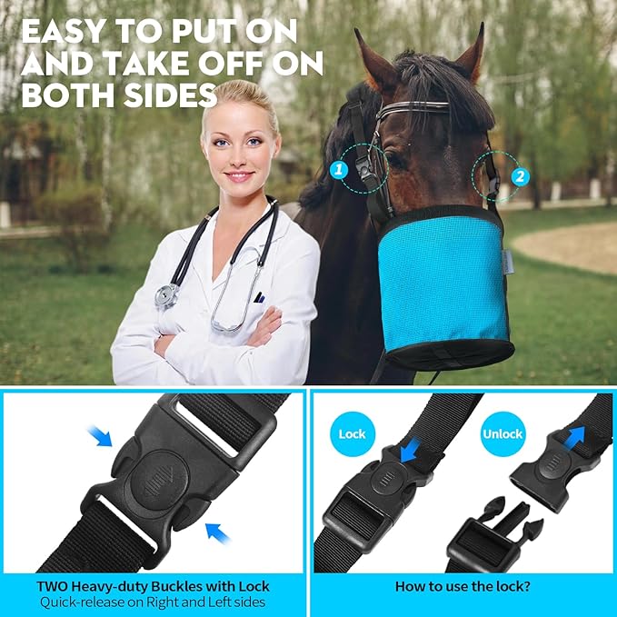 Horse Feed Bag 2 PCs, Breathable Mesh Feed Bags for Horses, Muzzle Feedbag for Feeding Grain, Anti-Spill Design Feeder, Soft Neck Pad Nose Pad, Universal Fit (Sky Blue)