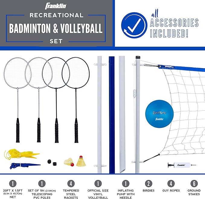 Franklin Sports Volleyball + Badminton Sets - Beach + Backyard Game Set - Volleyball, Pump, Badminton Rackets, Birdies, Net + Poles Included