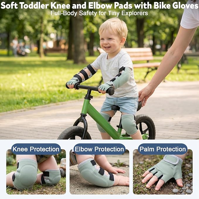 Soft Toddler Knee Pads and Elbow Pads Set with Bike Gloves, Non-Slip Toddler Knee Pads for Boys Girls 2-4 Years, Breathable Kids Protective Gear for Balance Bike, Scooter, Bicycle