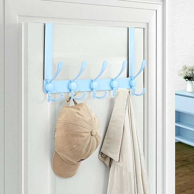 Dseap Over The Door Hook Hanger - Fits 1 3/8" to 1 3/4" Standard Doors | 5 Tri Hooks Heavy Duty Towel/Coat Rack | Door Organizer for Clothes, Jackets, Hats, Towels, Blue
