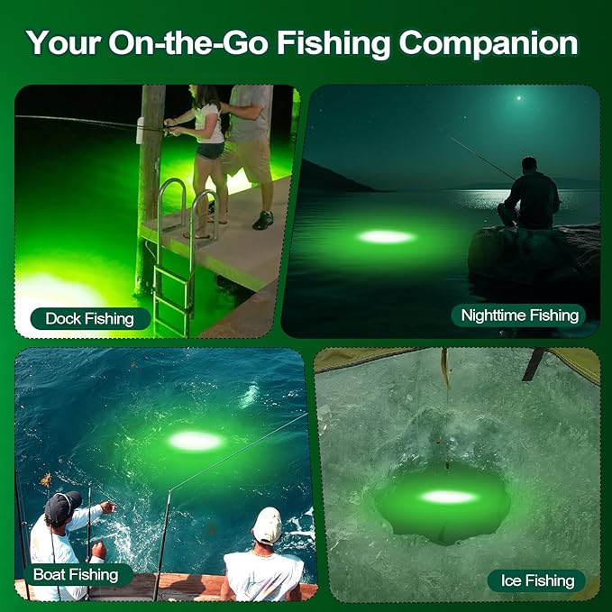 Underwater Fishing Light Battery Powered, Rechargeable LED Fish Green Light Attractants, 9000mAh Capacity, IP68 Waterproof Submersible Fishing Lights for Fresh & Salt Water
