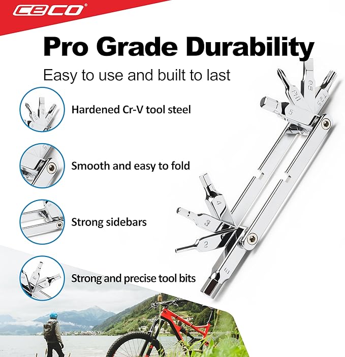 CECO USA 10 Function Bicycle Multi Tool, Ultra Slim Sized, Lightweight, Polished Chrome Finish, High Strength CR-V 6150 Tool Steel, Mountain Bike, Road Bike