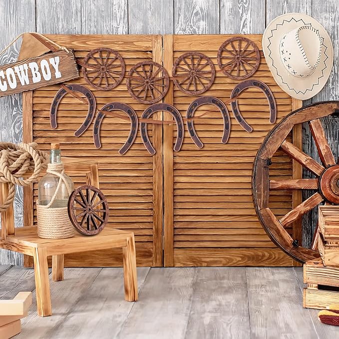 Junkin 24 Pcs Western Theme Party Decorations Mini Horseshoes Wagon Wheel Crafts Western Table Centerpieces Lucky Horseshoe for Wedding Party Favors Supplies Cowboy Cowgirl Birthday Decoration