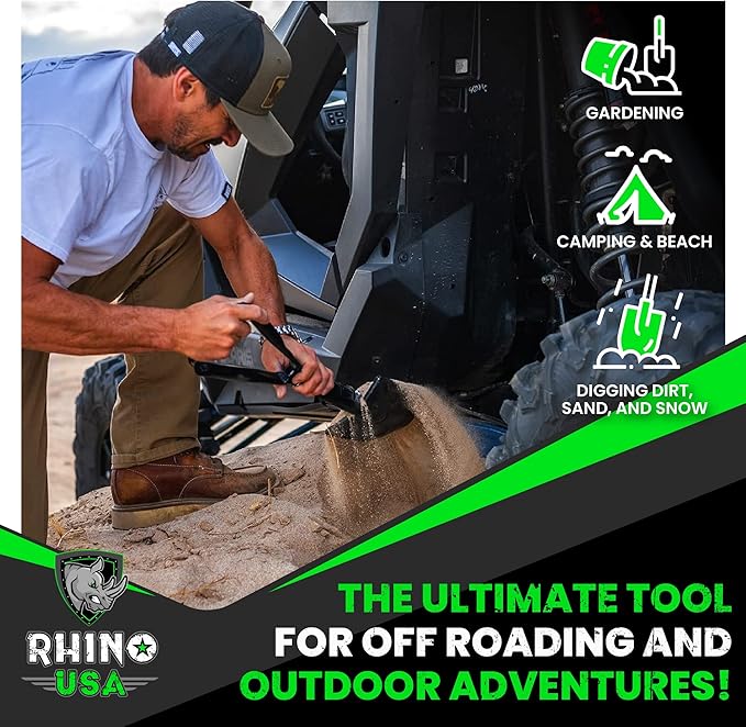 RHINO USA 折りたたみ式サバイバルシャベル（つるはし付き）- オフロード、キャンプ、ガーデニング、ビーチ、土、砂、泥、雪かき用の高耐久炭素鋼ミリタリースタイル塹壕掘りツール。