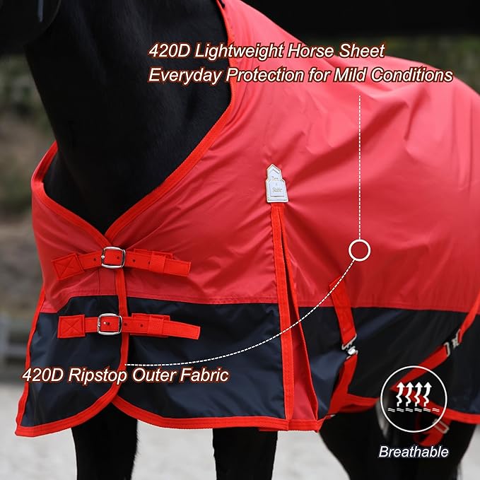 BARN & STABLE 420D Ripstop Lightweight Horse Turnout Sheet, No Fill, Water-Resistant & Breathable Horse Blanket for Spring and Mild Weather, with Anti-Rub Fleece Withers
