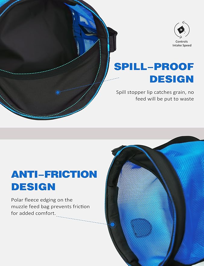 Harrison Howard Horse Muzzle Feed Bag Nylon Mesh Grain Feed Bag with Padded Neck Strap Adjustable Belt Blue Small