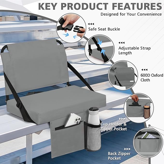 Stadium Seats for Bleachers with Back Support Bleacher Seat Soft Cushion Light Weight Includes Shoulder Strap & Cup Holder, Front & Back Zipper Pocket, Suitable for Sports Events,Grey