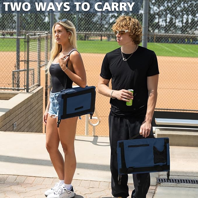 Stadium Seats for Bleachers 2 Pack w/Back Support Bleacher Seat Soft Cushion Light Weight with Shoulder Strap & Cup Holder, Front & Back Zipper Pocket, Suitable for Sports Events,Navy