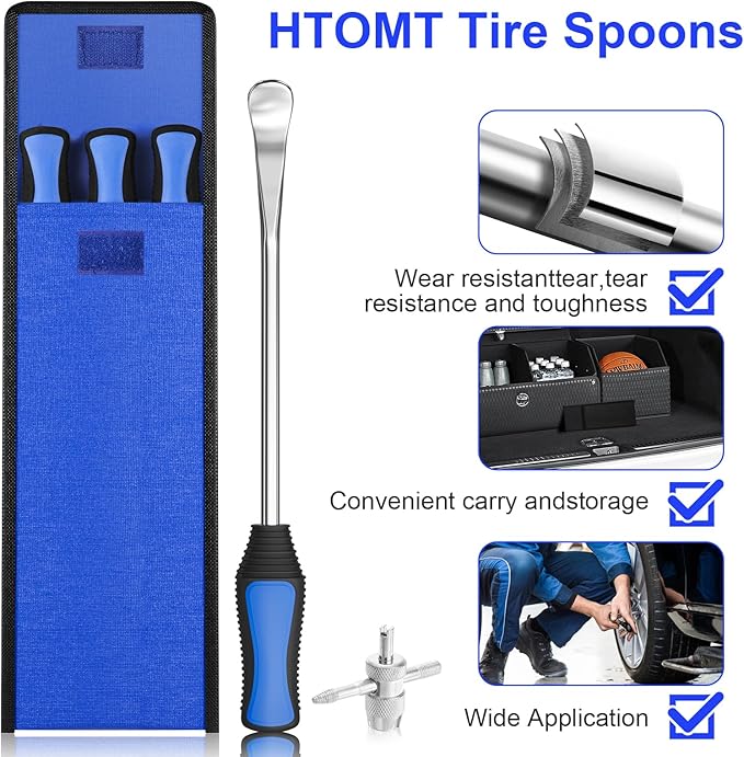 HTOMT 11.5" Tire Spoon Kit, 26pcs Tire Changing Tool for Motorcycle Dirt Bike Lawn Tractor Bicycle, Motorcycle Tire Changer Tire Removal Tool with 3pcs Rim Covers 6pcs Valve Tool Valve Cores(Blue)